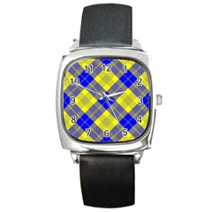 Smart Plaid Blue Yellow Square Metal Watches by ImpressiveMoments