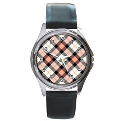 Smart Plaid Peach Round Metal Watches by ImpressiveMoments