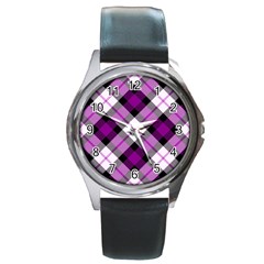 Smart Plaid Purple Round Metal Watches by ImpressiveMoments