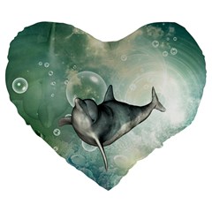 Funny Dswimming Dolphin Large 19  Premium Flano Heart Shape Cushions