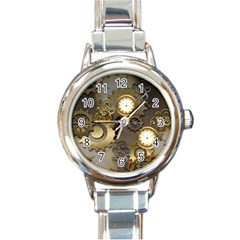 Steampunk, Golden Design With Clocks And Gears Round Italian Charm Watches
