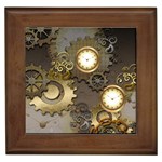 Steampunk, Golden Design With Clocks And Gears Framed Tiles Front