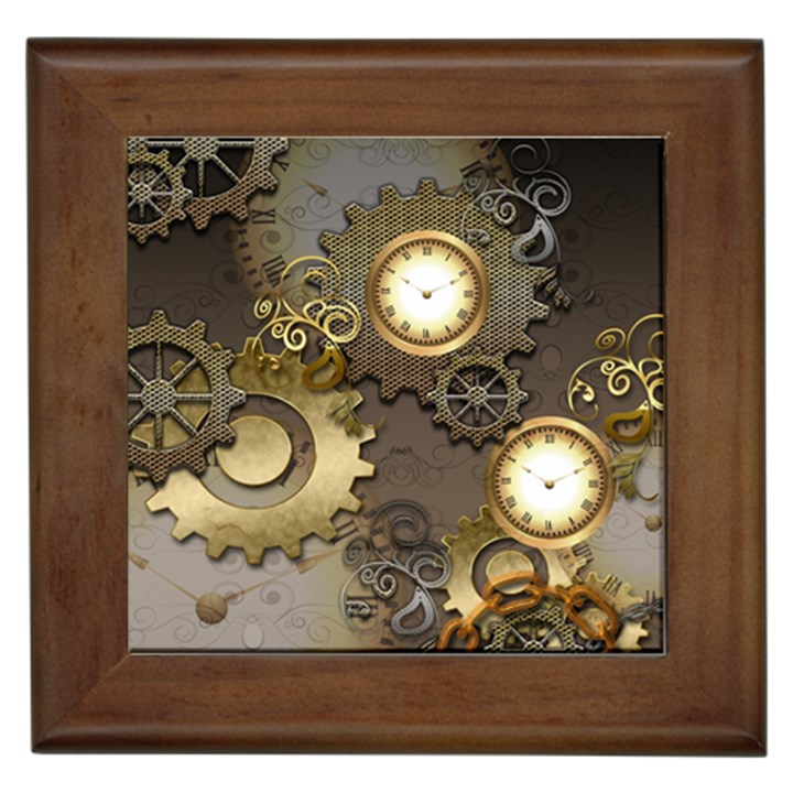 Steampunk, Golden Design With Clocks And Gears Framed Tiles