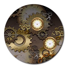 Steampunk, Golden Design With Clocks And Gears Round Mousepads by FantasyWorld7