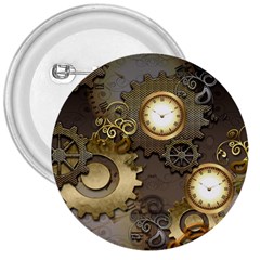 Steampunk, Golden Design With Clocks And Gears 3  Buttons by FantasyWorld7