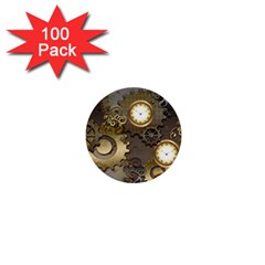 Steampunk, Golden Design With Clocks And Gears 1  Mini Buttons (100 Pack)  by FantasyWorld7
