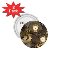 Steampunk, Golden Design With Clocks And Gears 1 75  Buttons (10 Pack) by FantasyWorld7