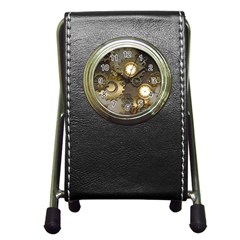 Steampunk, Golden Design With Clocks And Gears Pen Holder Desk Clocks