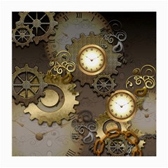 Steampunk, Golden Design With Clocks And Gears Medium Glasses Cloth (2-side) by FantasyWorld7