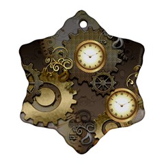 Steampunk, Golden Design With Clocks And Gears Snowflake Ornament (2-side) by FantasyWorld7