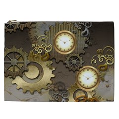 Steampunk, Golden Design With Clocks And Gears Cosmetic Bag (xxl)  by FantasyWorld7