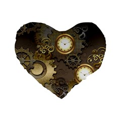 Steampunk, Golden Design With Clocks And Gears Standard 16  Premium Heart Shape Cushions by FantasyWorld7