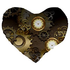 Steampunk, Golden Design With Clocks And Gears Large 19  Premium Flano Heart Shape Cushions by FantasyWorld7