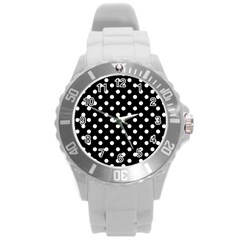 Black And White Polka Dots Round Plastic Sport Watch (l) by GardenOfOphir