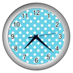 Sky Blue Polka Dots Wall Clocks (silver)  by GardenOfOphir