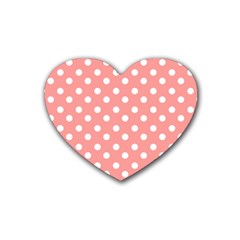 Coral And White Polka Dots Rubber Coaster (heart)  by GardenOfOphir