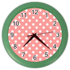 Coral And White Polka Dots Color Wall Clocks by GardenOfOphir