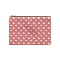 Coral And White Polka Dots Cosmetic Bag (medium)  by GardenOfOphir