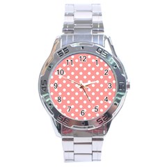 Coral And White Polka Dots Stainless Steel Men s Watch by GardenOfOphir