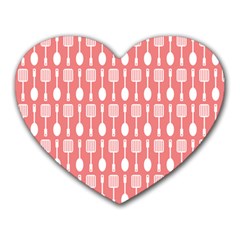 Coral And White Kitchen Utensils Pattern Heart Mousepads by GardenOfOphir