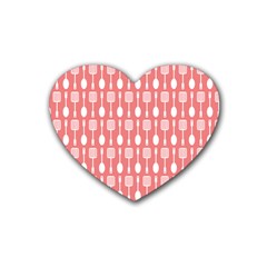 Coral And White Kitchen Utensils Pattern Heart Coaster (4 Pack)  by GardenOfOphir