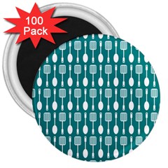 Teal And White Spatula Spoon Pattern 3  Magnets (100 Pack)