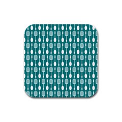 Teal And White Spatula Spoon Pattern Rubber Square Coaster (4 Pack)  by GardenOfOphir