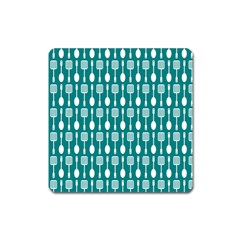 Teal And White Spatula Spoon Pattern Square Magnet by GardenOfOphir