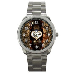 Steampunk, Awesome Heart With Clocks And Gears Sport Metal Watches by FantasyWorld7