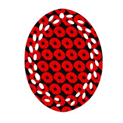 Charcoal And Red Peony Flower Pattern Oval Filigree Ornament (2-Side) 