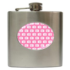 Pink Modern Chic Vector Camera Illustration Pattern Hip Flask (6 Oz) by GardenOfOphir