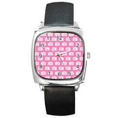 Pink Modern Chic Vector Camera Illustration Pattern Square Metal Watches by GardenOfOphir