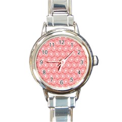 Coral Pink Gerbera Daisy Vector Tile Pattern Round Italian Charm Watches by GardenOfOphir