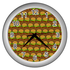 Burger Snadwich Food Tile Pattern Wall Clocks (silver)  by GardenOfOphir