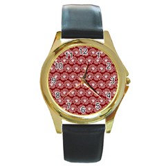 Gerbera Daisy Vector Tile Pattern Round Gold Metal Watches by GardenOfOphir
