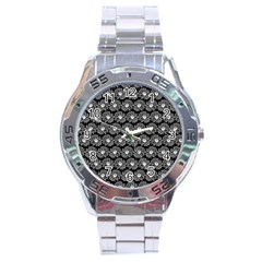 Black And White Gerbera Daisy Vector Tile Pattern Stainless Steel Men s Watch by GardenOfOphir