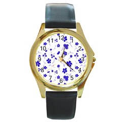 Sweet Shiny Flora Blue Round Gold Metal Watches by ImpressiveMoments