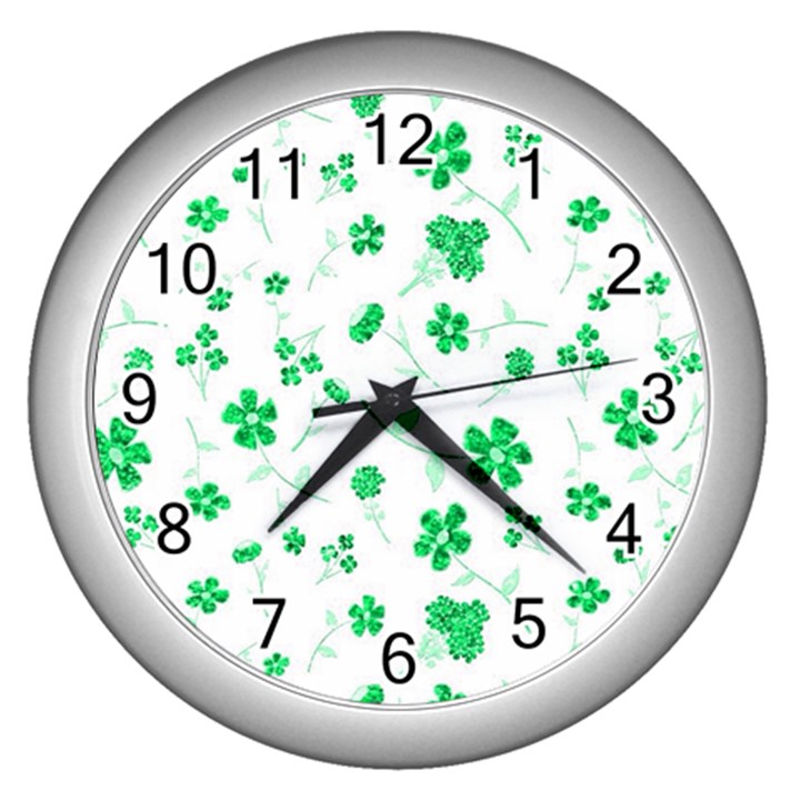 Sweet Shiny Floral Green Wall Clocks (Silver) 