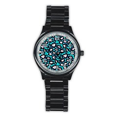 Turquoise Blue Cheetah Abstract  Stainless Steel Round Watches by OCDesignss