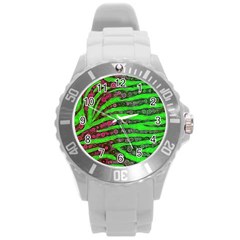 Florescent Green Zebra Print Abstract  Round Plastic Sport Watch (l) by OCDesignss