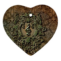 Elegant Clef With Floral Elements On A Background With Damasks Heart Ornament (2 Sides) by FantasyWorld7