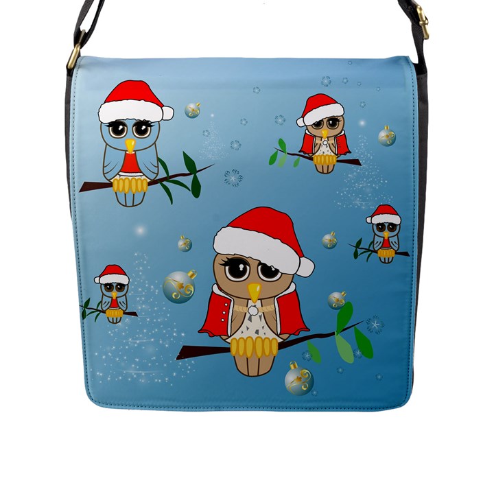 Funny, Cute Christmas Owls With Snowflakes Flap Messenger Bag (L) 