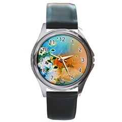 Wonderful Flowers In Colorful And Glowing Lines Round Metal Watches