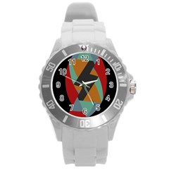 Fractal Design in Red, Soft-Turquoise, Camel on Black Round Plastic Sport Watch (L)