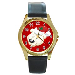 Funny Polar Bear Round Gold Metal Watches by FantasyWorld7