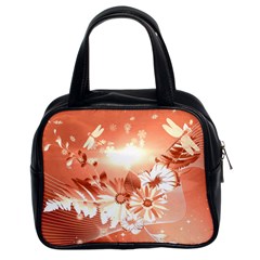 Amazing Flowers With Dragonflies Classic Handbags (2 Sides) by FantasyWorld7