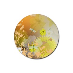 Beautiful Yellow Flowers With Dragonflies Rubber Coaster (round)  by FantasyWorld7