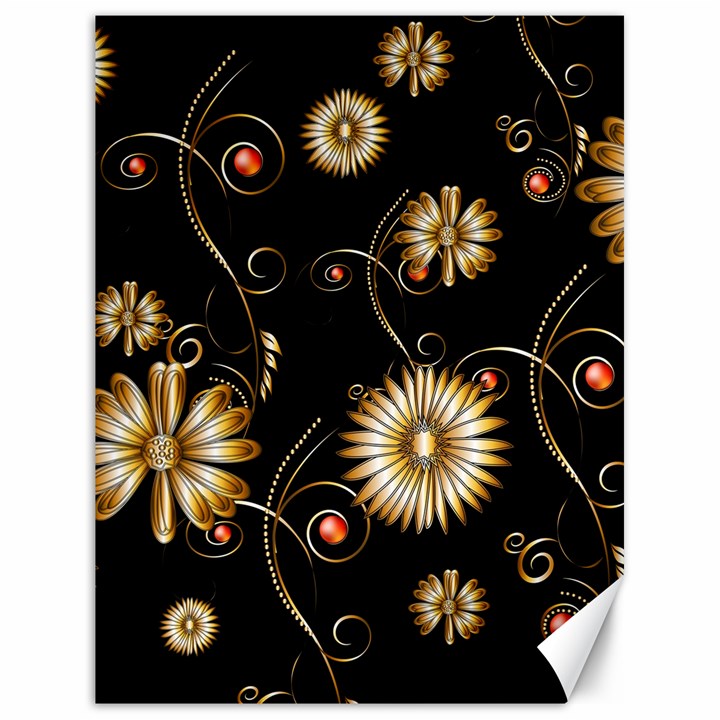 Golden Flowers On Black Background Canvas 18  x 24  