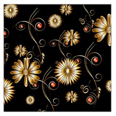 Golden Flowers On Black Background Large Satin Scarf (square)