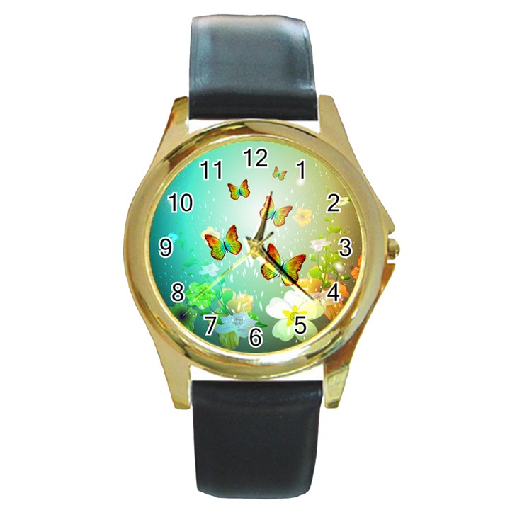 Flowers With Wonderful Butterflies Round Gold Metal Watches